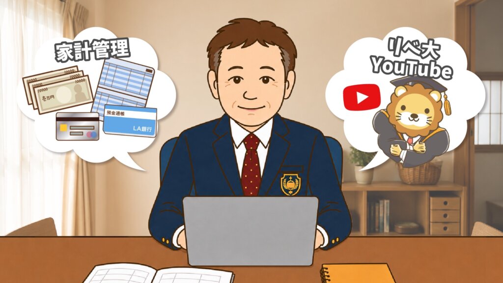 自宅でパソコンに向かうらいぞーさん。家計管理とリベ大YouTubeの吹き出しが描かれている