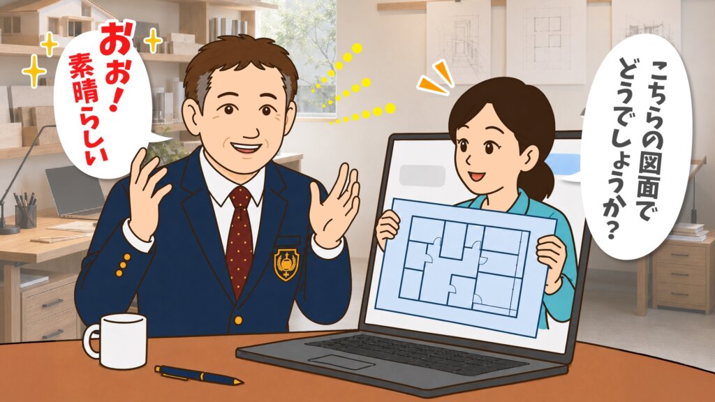 オンラインで図面を見せる会員に「おお!素晴らしい」と驚くらいぞーさん
