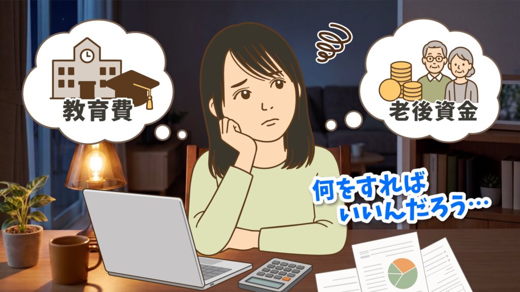 夜、ノートパソコンと電卓を前に「何をすればいいんだろう…」と頬杖をついて悩むみみさん。教育費と老後資金の吹き出しが浮かんでいる