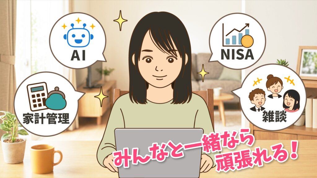 ノートパソコンに向かって笑顔のみみさん。AI・NISA・家計管理・雑談の吹き出しが並び、「みんなと一緒なら頑張れる!」の文字