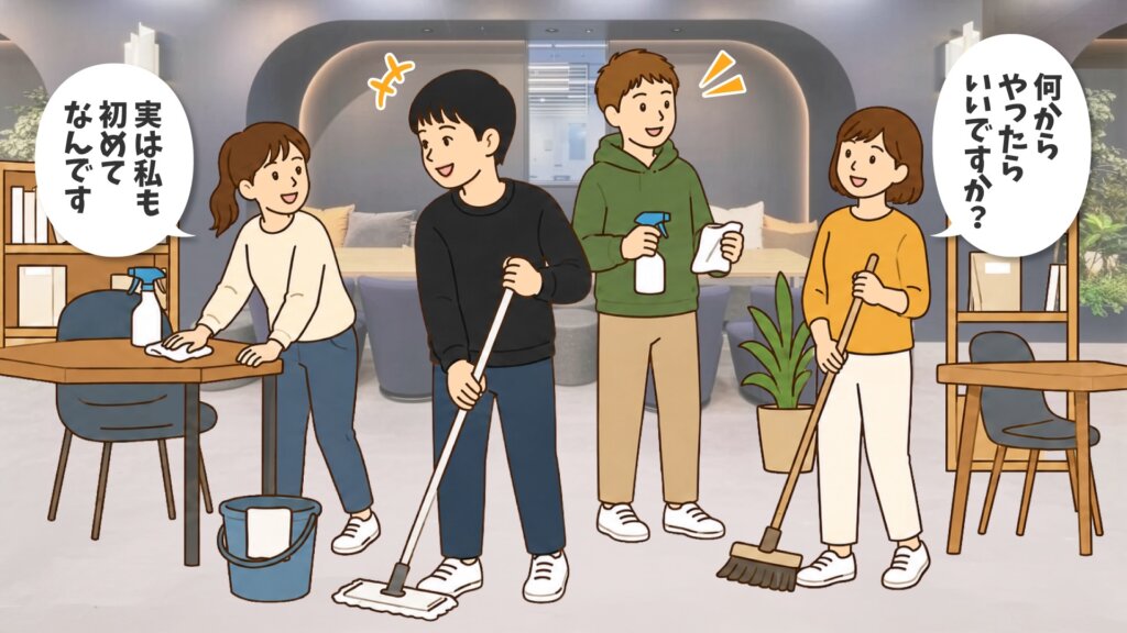 リベシティオフィスでモップや掃除道具を手に「何からやったらいいですか？」「実は私も初めてなんです」と会話しながら大掃除に参加する参加者たち