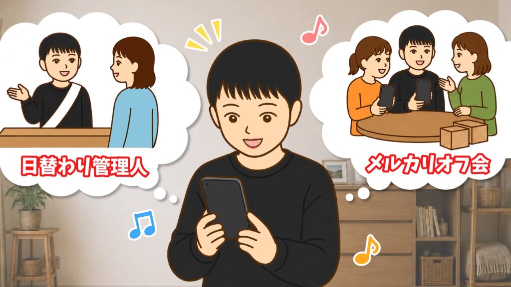 スマホを手に笑顔で、日替わり管理人として案内する自分とメルカリオフ会を開く自分を思い浮かべているみー♪さん