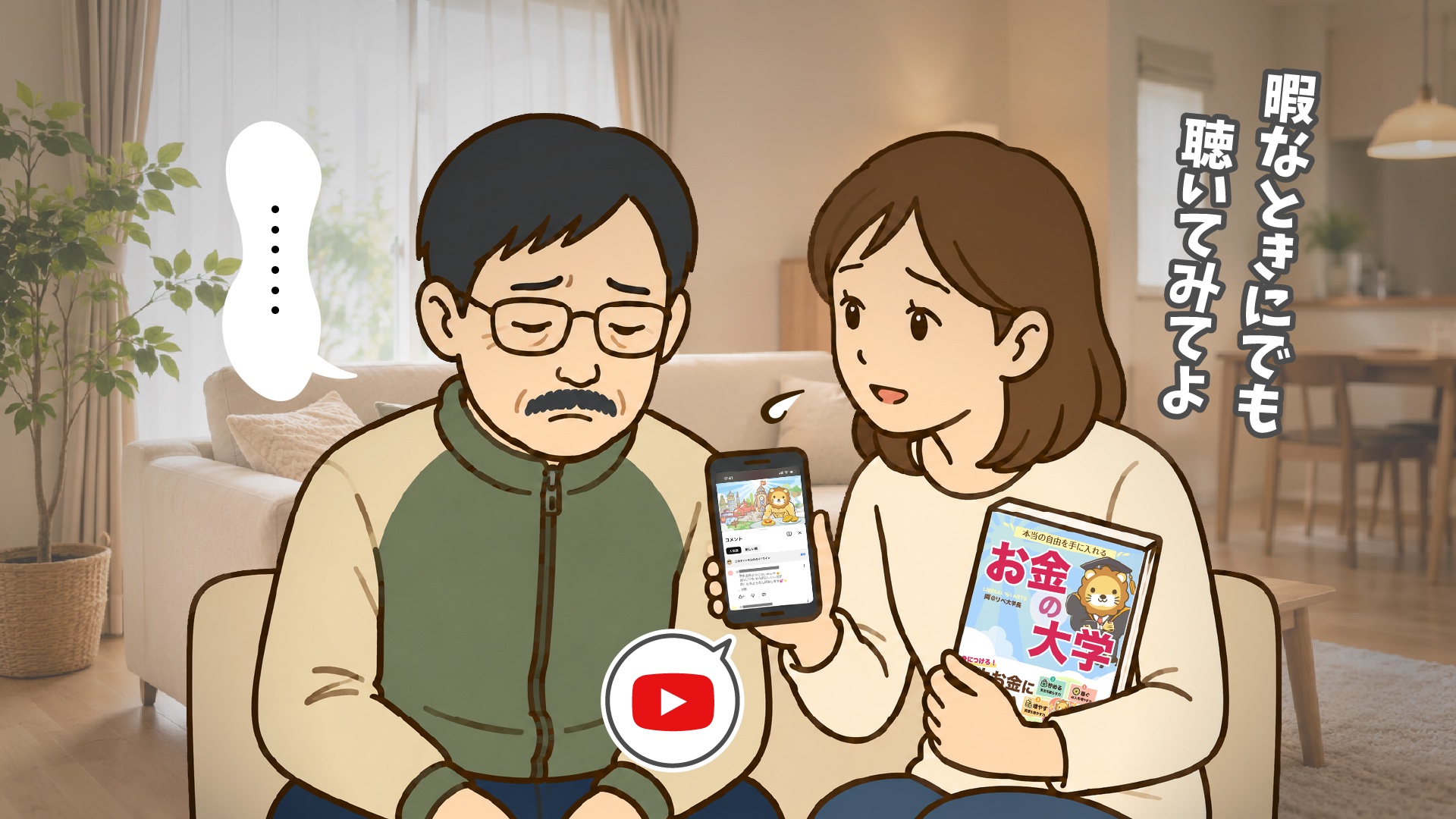スマートフォンで学長ライブの動画を見せながら『暇なときにでも聴いてみてよ』と声をかける娘と、浮かない表情でそれを見るテリーさん。娘は『お金の大学』の本も手にしている