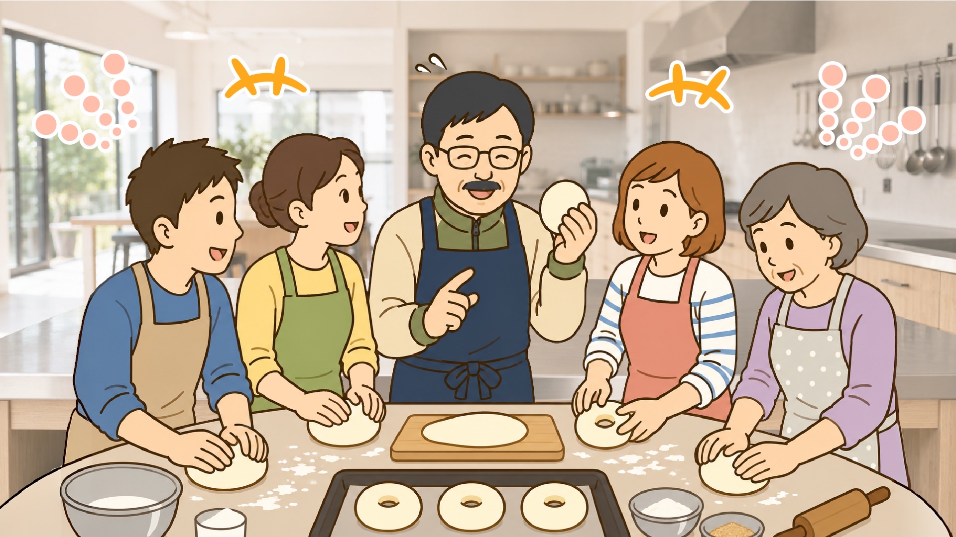 レンタルキッチンでベーグル作りオフ会を開催し、参加者と一緒にパン生地を成形するテリーさん