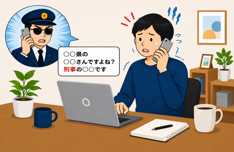 刑事を名乗る相手から詐欺電話を受けて焦る男性のイラスト