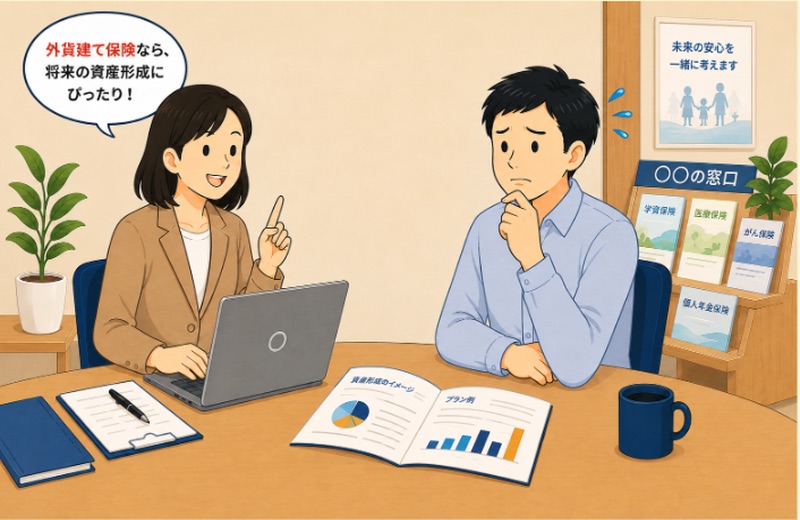 無料FP相談会で外貨建て保険をすすめられる様子のイラスト