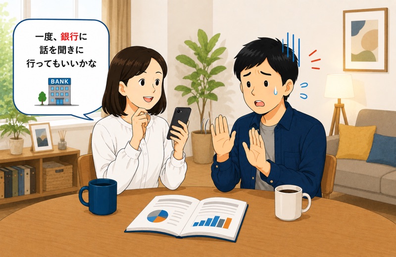銀行の資産運用商品の勧誘について夫婦で話し合うイラスト