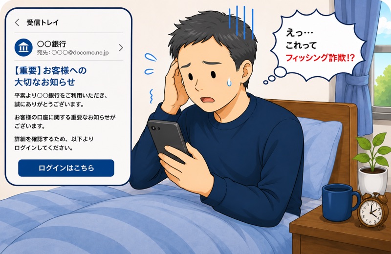 銀行を装うフィッシング詐欺メールに気づいて驚く男性のイラスト