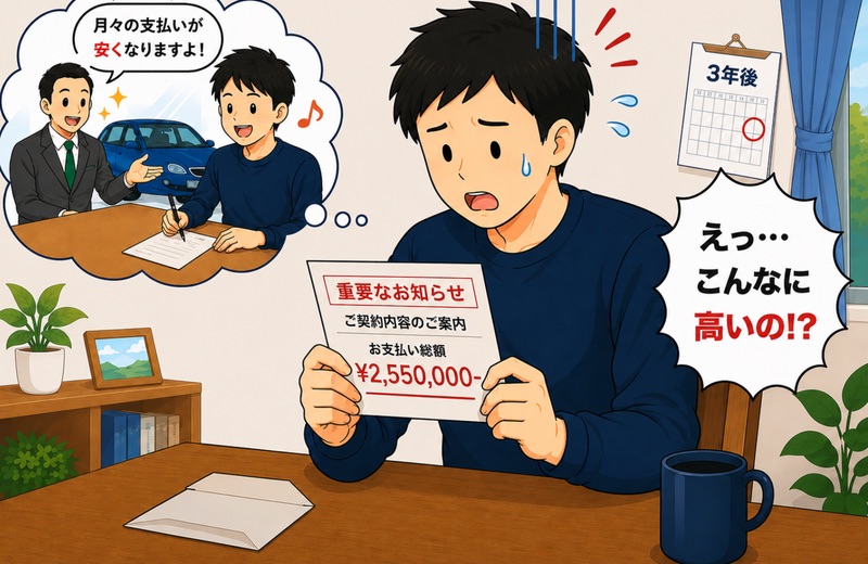 車の残価設定型クレジットの契約を説明されるイラスト