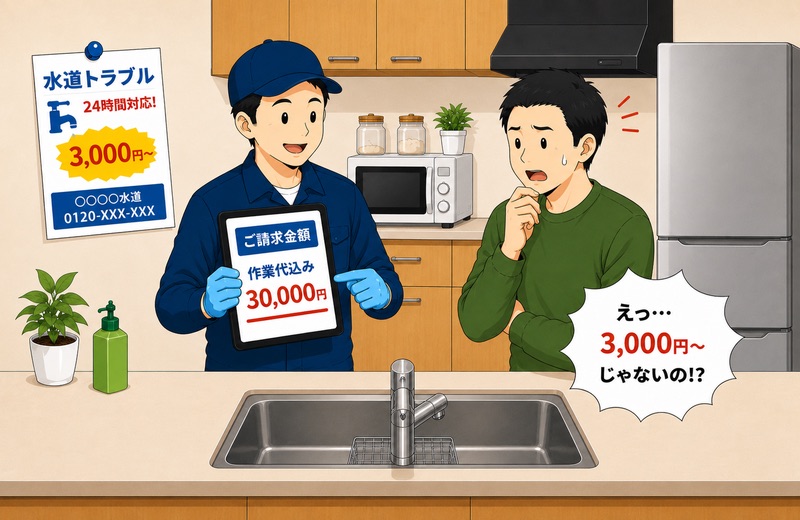 水道修理業者に高額な料金を請求されて驚くイラスト