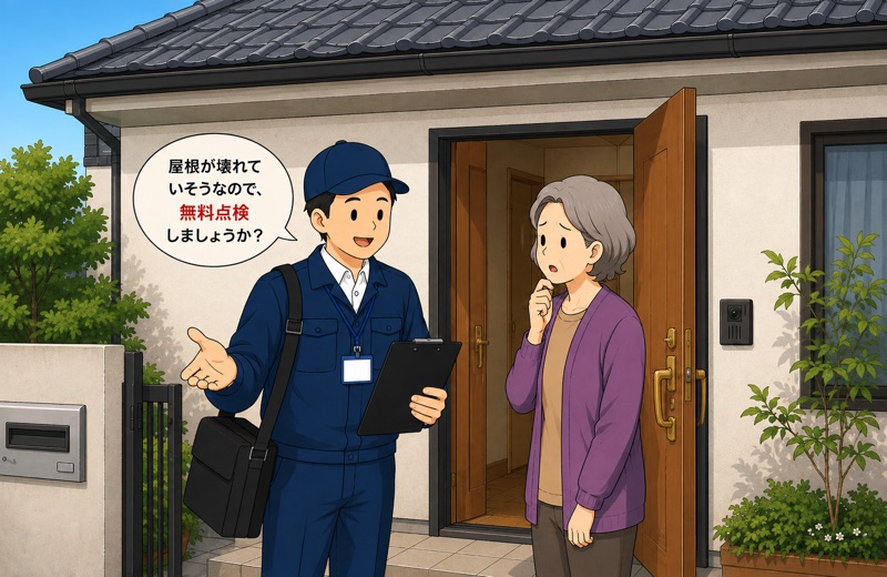 無料点検をうたう訪問業者が高齢女性に声をかけるイラスト