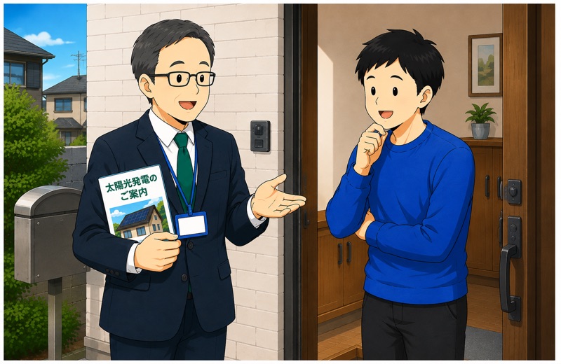 太陽光発電の訪問販売を受ける男性のイラスト
