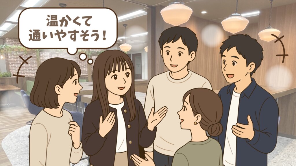 リベシティオフィスのオフ会で会員と話しながら「温かくて通いやすそう!」と感じているしみさん