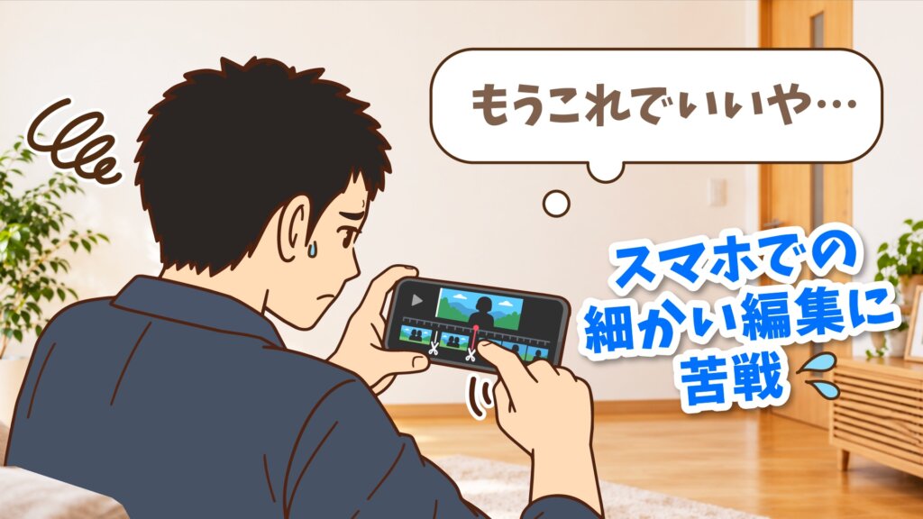 スマホで動画を編集しながら「もうこれでいいや…」と細かい編集に苦戦するなおさん
